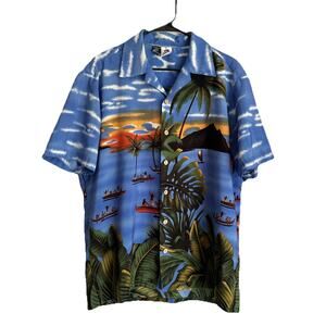 Vtg 80s 90s Kennington California Hawaiian Shirt Men L Blue White Tropical Palm